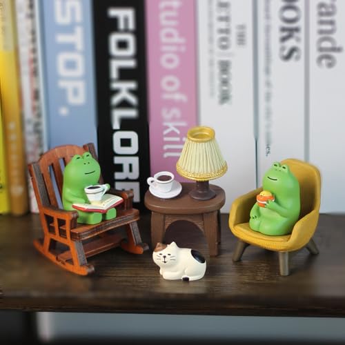 Miniature Resin Frog and Cat Figurine Set, 6-Piece Desk Decor Collection