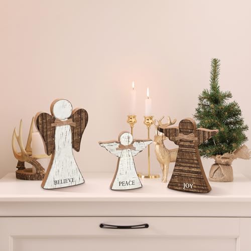 Christmas Angel Table Decor Set - Wooden Farmhouse Ornaments, 3 Pieces