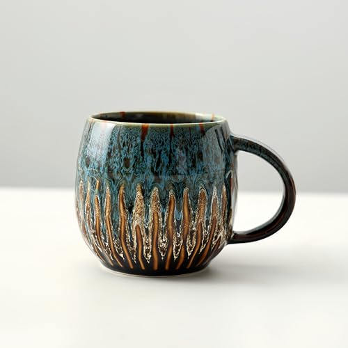 20oz Blue Ceramic Coffee Mug - Raku-Style Large Tea Cup, Unique Design, Microwave & Dishwasher Safe