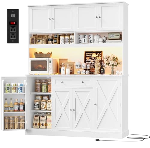 Large Kitchen Pantry Cabinet with LED Lights, Charging Station & Hutch