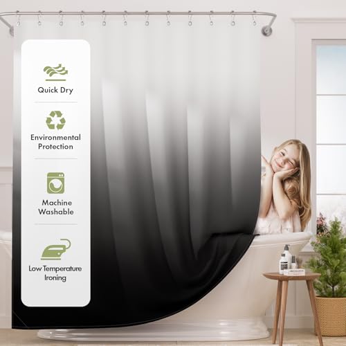 Ombre Black Shower Curtain Set with 12 Hooks, 72x72 Fabric Farmhouse Decor