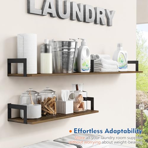 3-Pack 24-Inch Floating Wall Shelves, Rustic Solid Wood Bookshelf Set