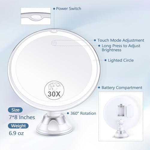 B Beauty Planet 30X Lighted Magnifying Makeup Mirror White-3AAA, 360° Swivel, Suction Cup