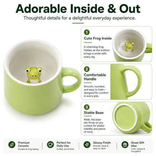 Merriva 11 oz Green Ceramic Frog Coffee Mug with Hidden Animal Surprise - Novelty Gift for Frog Lovers