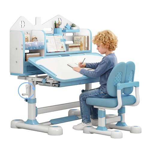 Kids Adjustable Desk and Chair Set with Hand Crank and Tilting Desktop