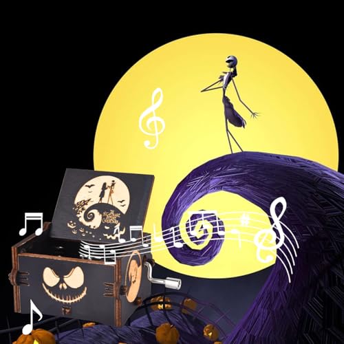 Engraved Wooden Hand-Crank Music Box - Halloween Themed Melody Gift