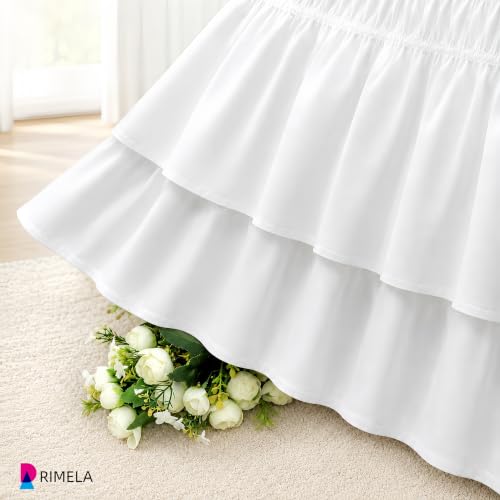 White Full Size Elastic Wrap Around Bed Skirt - 14 Inch Drop Double Ruffle