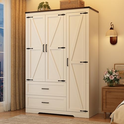 Farmhouse Wooden Wardrobe Armoire with 3 Doors and 2 Drawers, 70.1-Inch