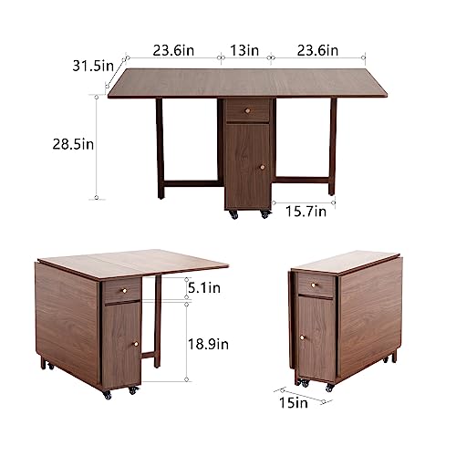 Drop Leaf Folding Dining Table with Storage and Wheels, Walnut