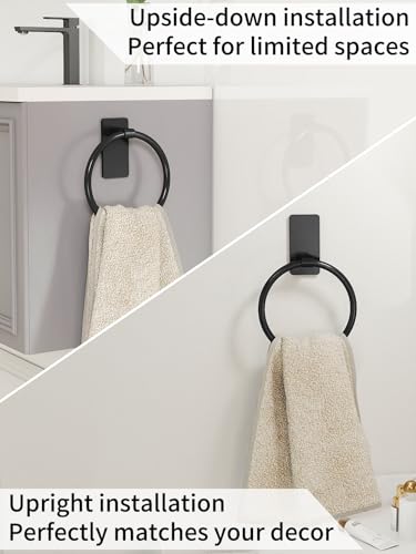 STWWO Black Adhesive Hand Towel Ring - No Drill Towel Holder for Bathroom