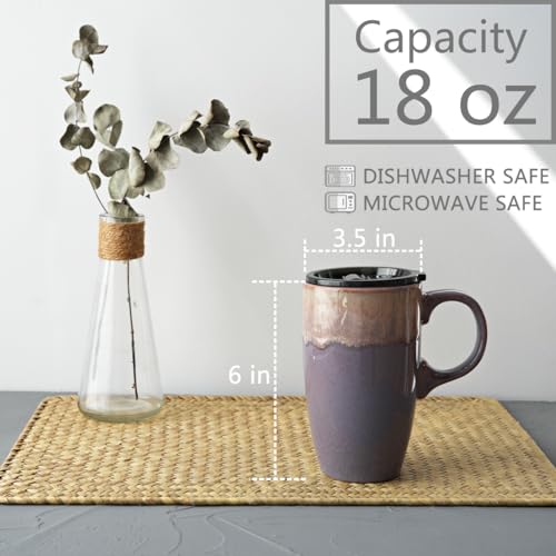 Bosmarlin Deep Purple Ceramic Travel Coffee Mug 18oz with Handle & Lid