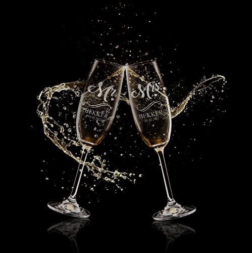 Personalized Champagne Flutes Set of 2, Custom Engraved Stemmed Glasses