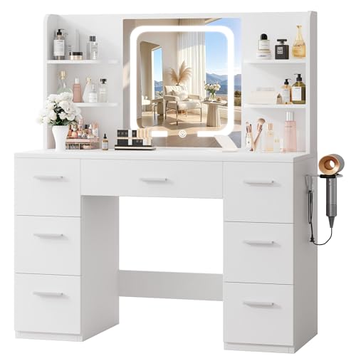 43-Inch White Makeup Vanity Desk with LED Mirror & Charging Station