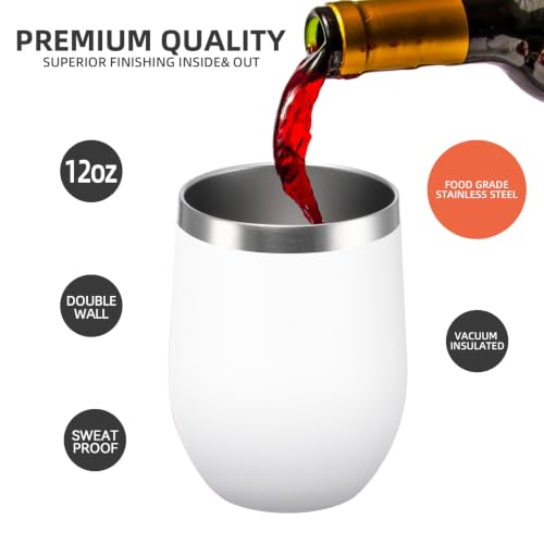 12 oz Insulated Stemless Wine Tumbler with Lid & Straw – 8 Count, White