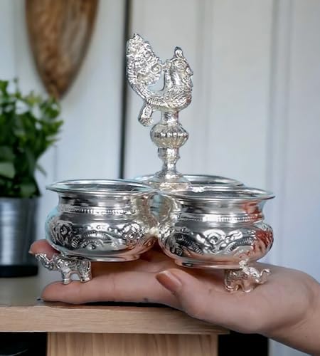 German Silver Pooja Panchwala with Peacock Handle - Kum Kum Holder for Home Temple & Festivals