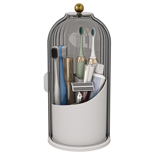 Rotating Toothbrush Holder with Dustproof Cover - 3 Slot Bathroom Organizer