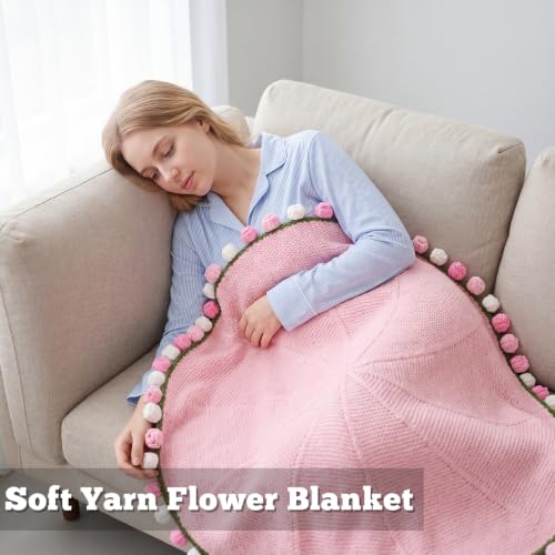 LOKOZ Pink Rose Crochet Flower Bouquet Blanket 31x31 Inches – Gift for Women