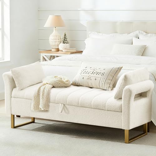 66-Inch Teddy Fabric Storage Bench for Bedroom with Gold Legs and 2 Pillows