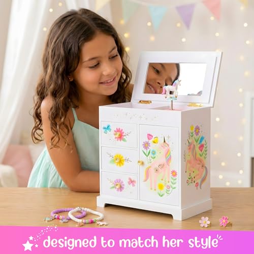 Unicorn Musical Jewelry Box for Girls with Drawers and Floral Design