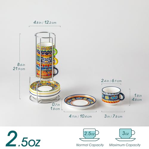 Vancasso Boho 2.5 Oz Espresso Cups Set of 4 with Stand - Colorful Mediterranean Design
