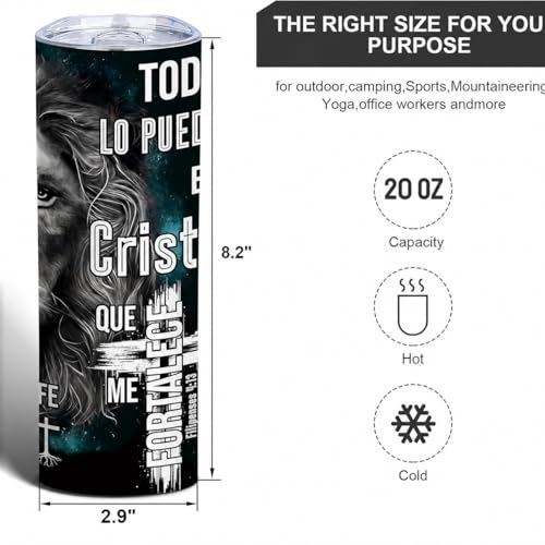 TUMBTU 20oz Christian Tumbler with Lion & Cross—Fueled by Faith, Spanish Bible Verses