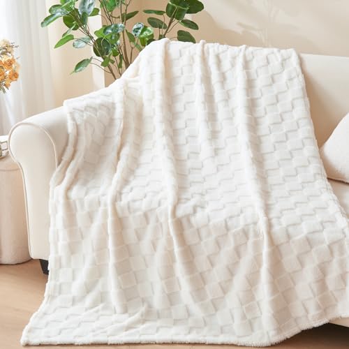 NEWCOSPLAY Ivory Checkered Flannel Throw Blanket 50x70 - Reversible Soft Cozy Bed Couch Decor