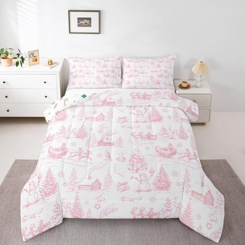 Castle Fairy Pink White Sketch Full Size Christmas Comforter Set with 2 Pillowcases, 79x90