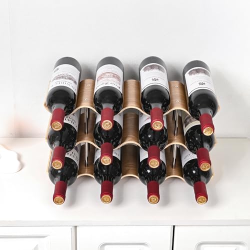 12-Bottle Wooden Countertop Wine Rack - 3-Tier Wavy Storage Holder