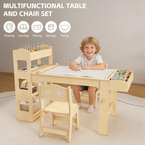 Kids Wooden Art Table and 2 Chairs Set with Paper Roll and Storage