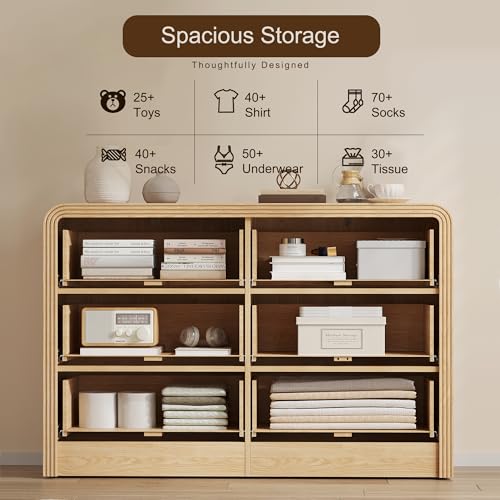 47-Inch Fluted 6-Drawer Dresser, Natural Oak Wood Storage Chest