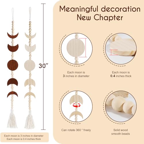 Moon Phase Wall Hanging Garland with Tassels - Boho Wooden Home Decor