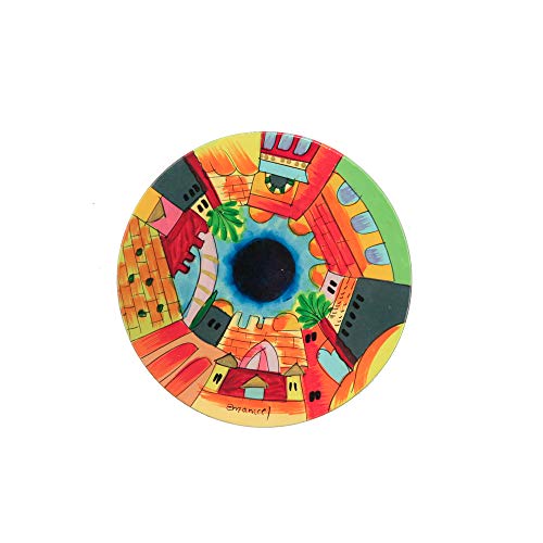 Hand-Painted Jerusalem Scene Wooden Kiddush Cup and Saucer Set