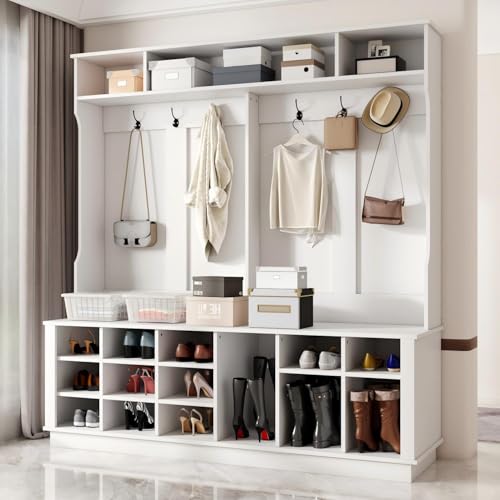 Extra Large Hall Tree with Bench and Shoe Storage, Entryway Coat Rack