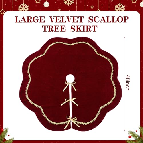 Red Velvet Christmas Tree Skirt with Scalloped Edge & Gold Lace Trim, 48 Inch