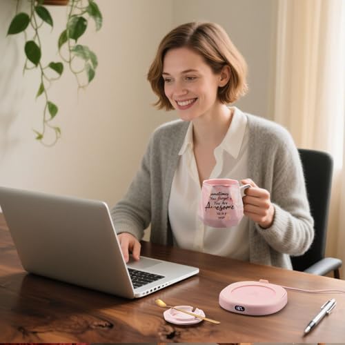 Pink Mug with Warmer Set - Electric Heated Coffee & Tea Cup with Temperature Control