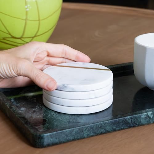 Marble & Gold Brass Inlay Coasters Set of 6 | Elegant White Drink Coasters