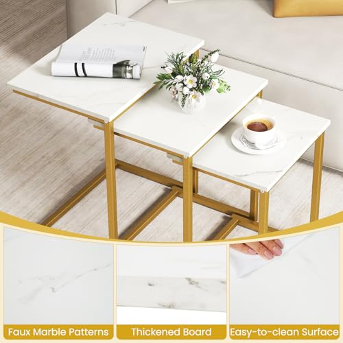 GOFLAME Gold & White Faux Marble Nesting Coffee Tables Set of 3 - Modern C-Shaped Side Tables for Living Room & Bedroom