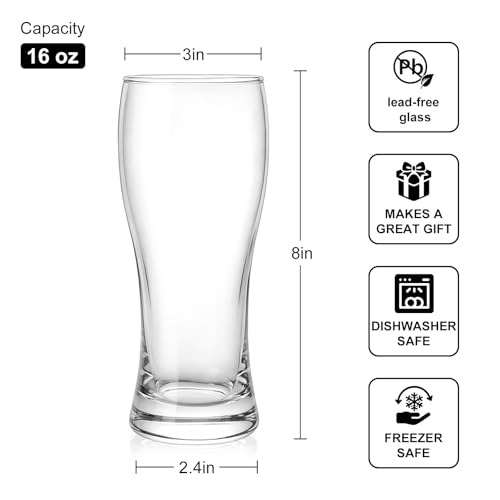 16 oz Pilsner Beer Glasses Set of 4, Classic Craft Wheat Beer Pint Glassware