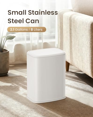 Small Bathroom Trash Can with Swing Lid, 2.1 Gallon Stainless Steel Garbage Can
