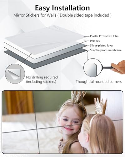 4-Pack 12x12 Inch Unbreakable Mirror Tiles, Peel and Stick Wall Mirrors