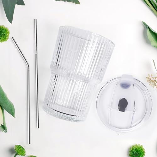 16 Oz Ribbed Reusable Iced Coffee Cups with Lids and Straws - Set of 2
