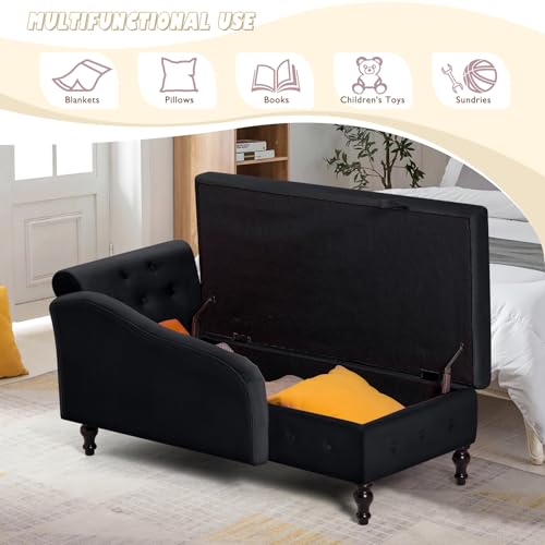 Velvet Chaise Lounge with Storage and Right Armrest, Black Tufted Sofa