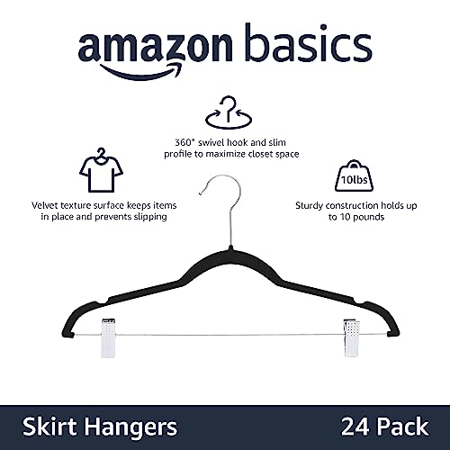Amazon Basics Velvet Skirt Hangers with Clips 24-Pack Black