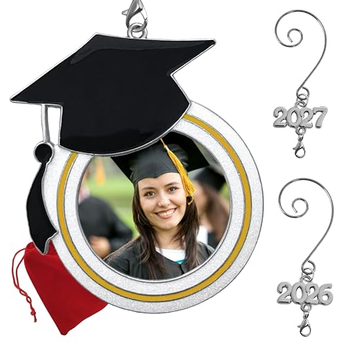 BANBERRY DESIGNS 2-Pack Graduation Photo Ornaments with Dated Charms, 3-Inch Personalized Keepsakes for 2026 & 2027 Graduation Gifts