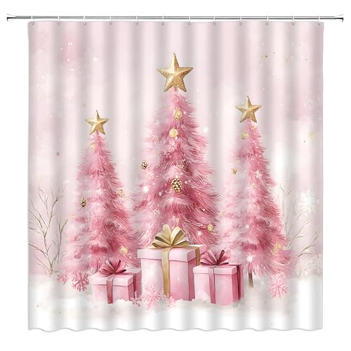 Pink Christmas Shower Curtain 70x70 Inches Cute Xmas Tree Snowflake Holiday Decor
