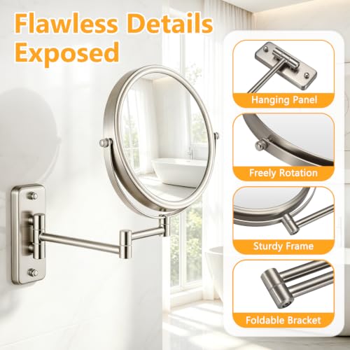 8 Inch Extendable Nickel Wall Mounted Makeup Mirror 1X/10X Magnification No LED - ALHAKIN