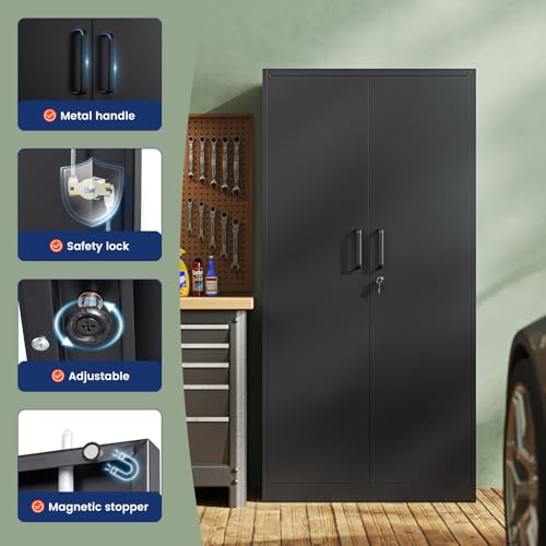 71" Tall Steel Lockable Garage Storage Cabinet with 5 Adjustable Shelves