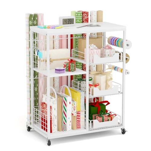Rolling Gift Wrap Organizer Cart with 20 Roll Holders and 3 Drawers