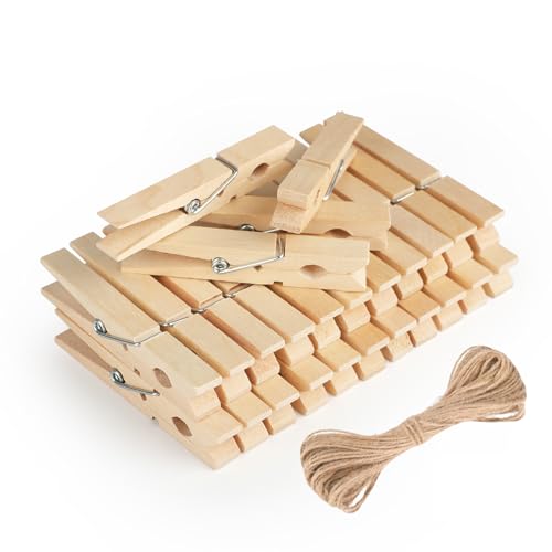 50-Piece Large Wooden Clothespins Set with 32ft Twine for Photo Hanging