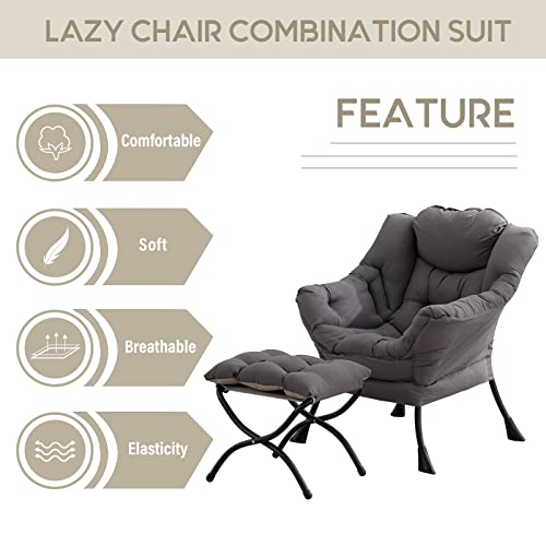 Upholstered Lazy Chair with Ottoman - Comfy Accent Reading Chair Dark Grey